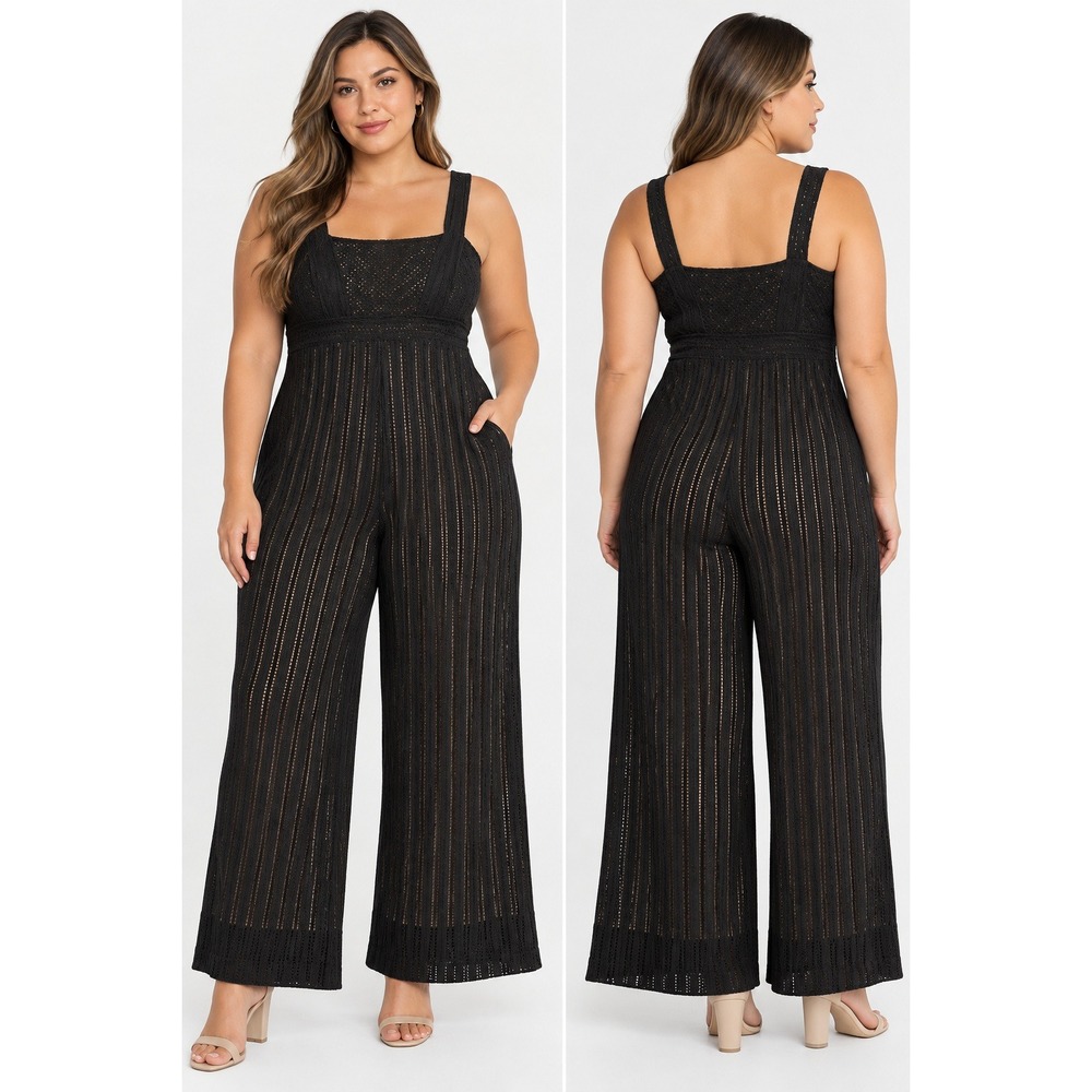 Venus Womens Black Crochet Lace Wide Leg Jumpsuit Square Neck Sleeveless Boho XL
